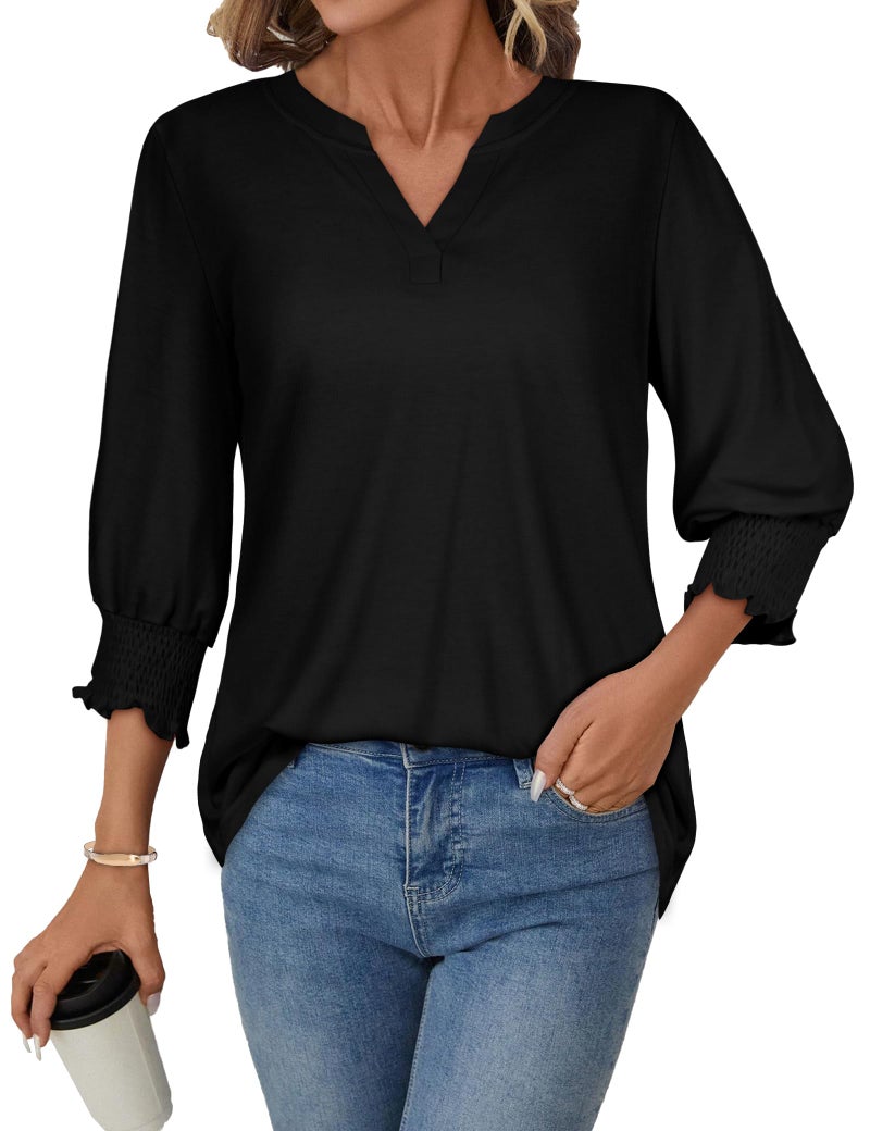 rosemia 3/4 Length Sleeve Womens Tops Business Casual Blouses V Neck T Shirts with Puff Sleeve, Black Color, XL - Image 3