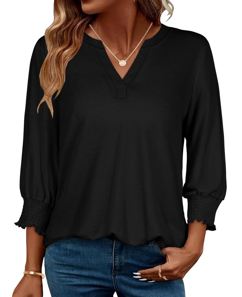 rosemia 3/4 Length Sleeve Womens Tops Business Casual Blouses V Neck T Shirts with Puff Sleeve, Black Color, XL - Image 1
