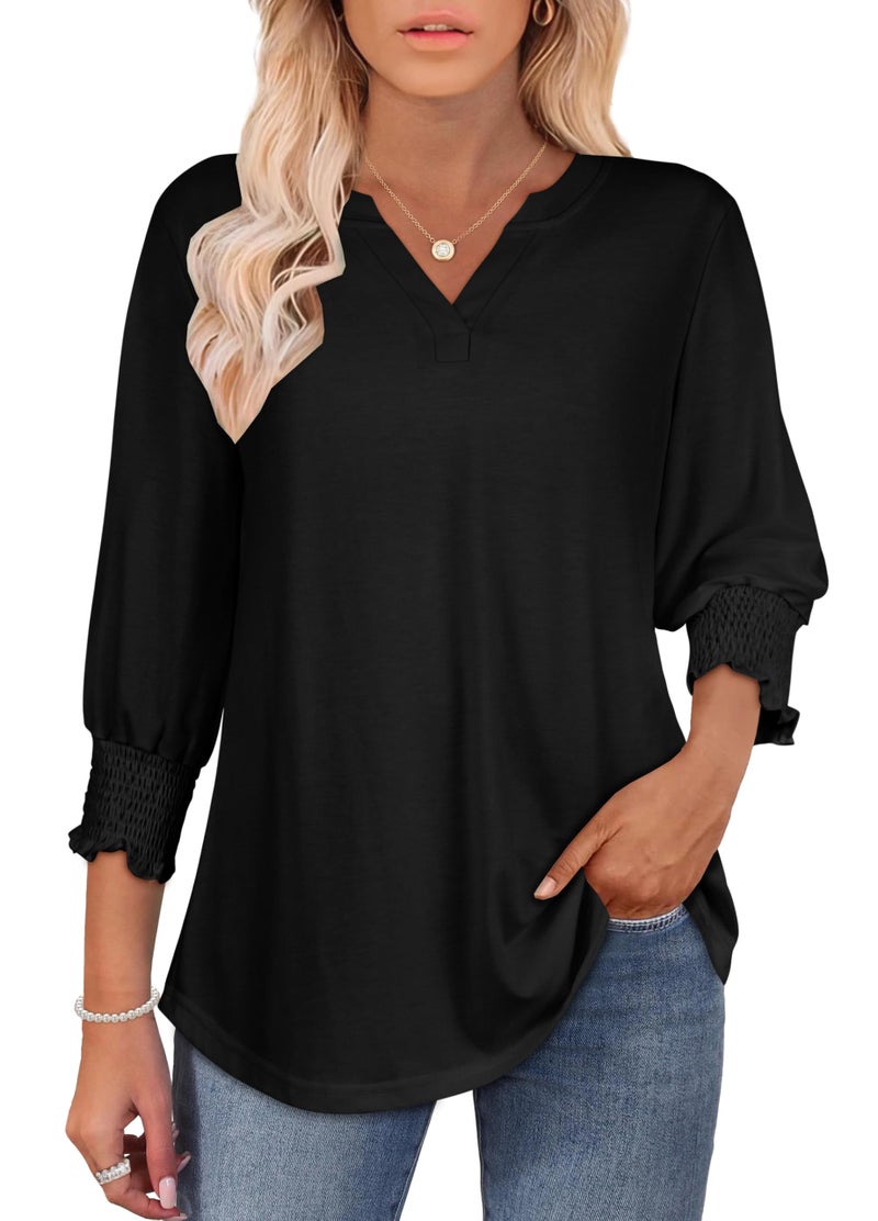 rosemia 3/4 Length Sleeve Womens Tops Business Casual Blouses V Neck T Shirts with Puff Sleeve, Black Color, XL - Image 4