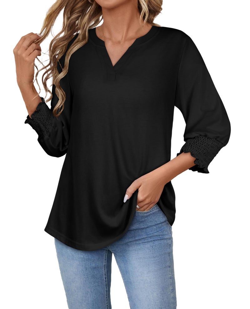 rosemia 3/4 Length Sleeve Womens Tops Business Casual Blouses V Neck T Shirts with Puff Sleeve, Black Color, XL - Image 2