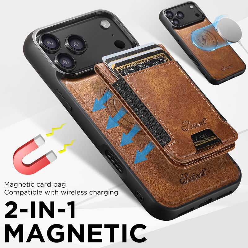 Suteni For Iphone 17 Pro H17 Oil Eax Leather Magsafe Detachable Wallet Phone Case(Brown) - Image 5