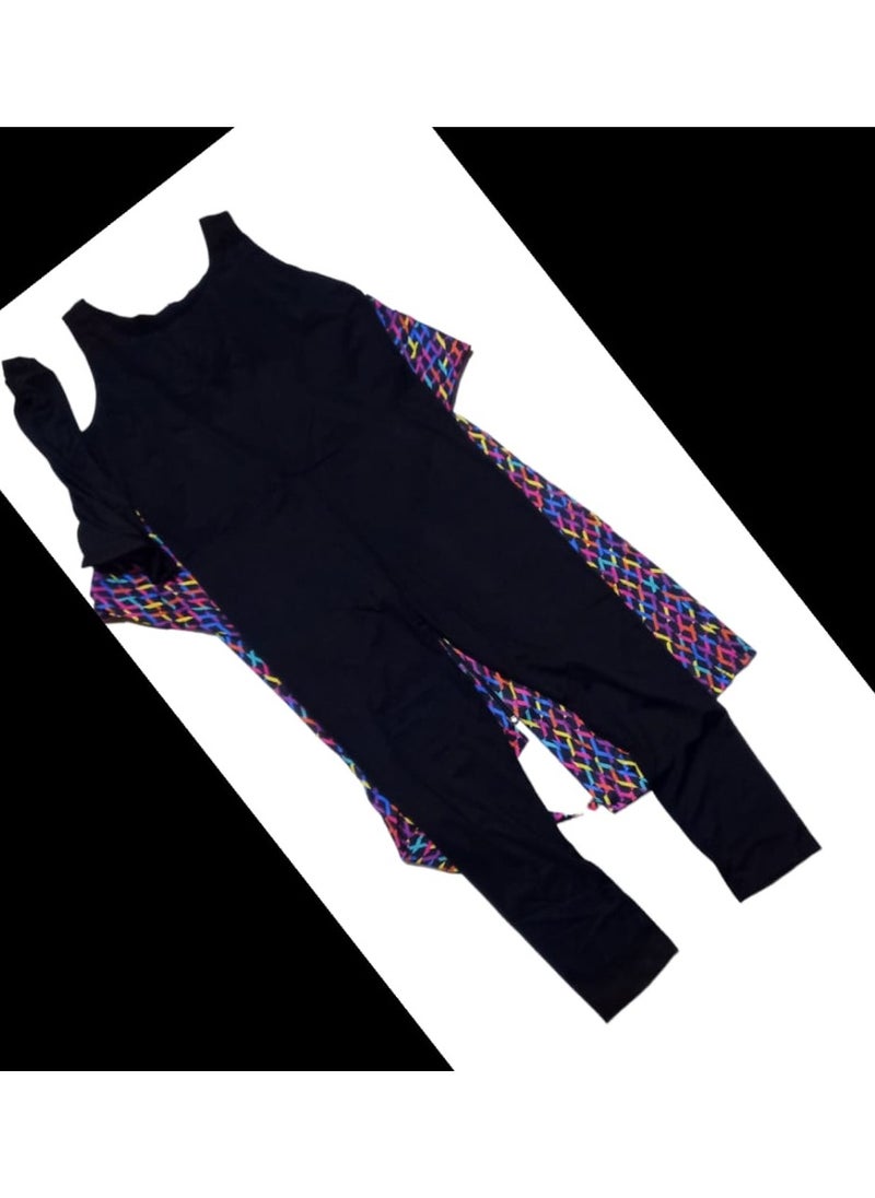 Generic - Burkini swimsuit 3 pieces (jumpsuit + tunic + bonnet), black and multi-colored zigzag - Image 1
