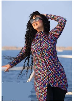 Burkini swimsuit 3 pieces (jumpsuit + tunic + bonnet), black and multi-colored zigzag