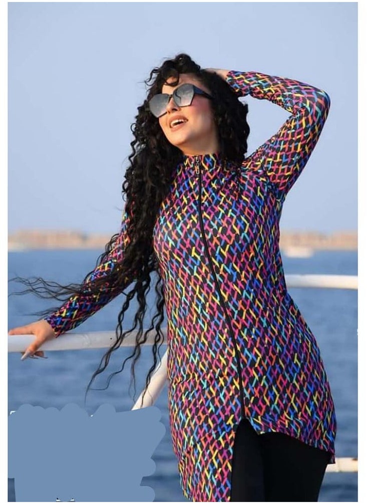 Generic - Burkini swimsuit 3 pieces (jumpsuit + tunic + bonnet), black and multi-colored zigzag - Image 1