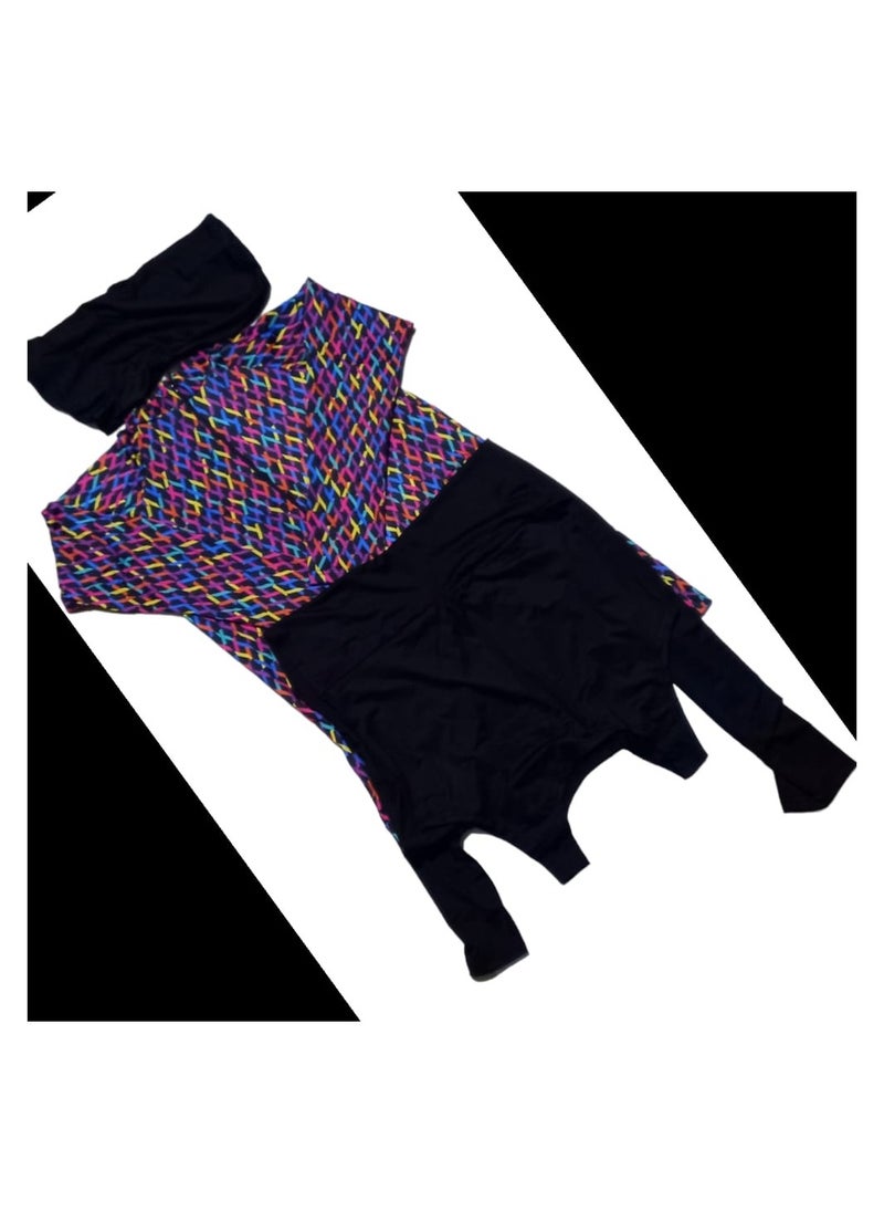 Generic - Burkini swimsuit 3 pieces (jumpsuit + tunic + bonnet), black and multi-colored zigzag - Image 1