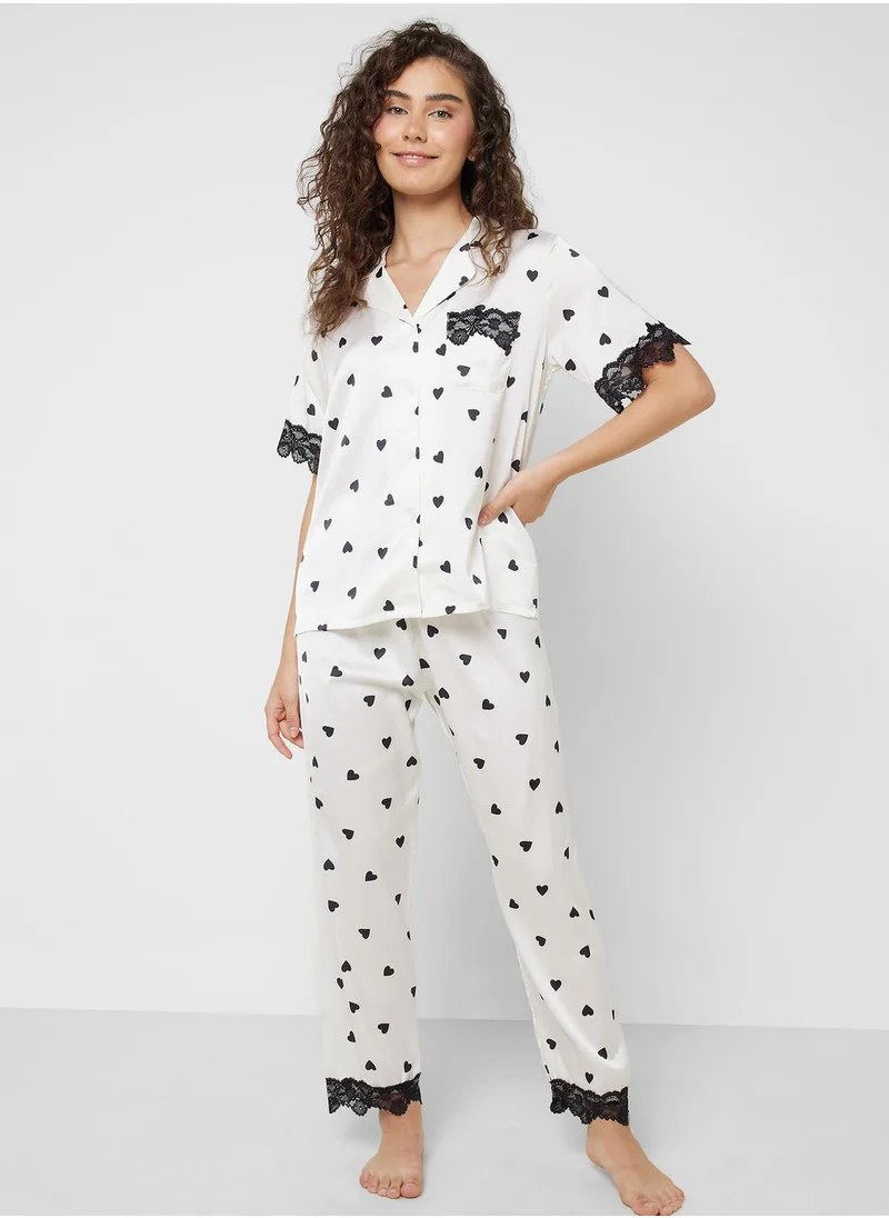 جينجر Heart Print Shirt & Pyjama Set