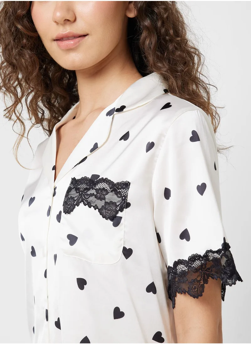 جينجر Heart Print Shirt & Pyjama Set