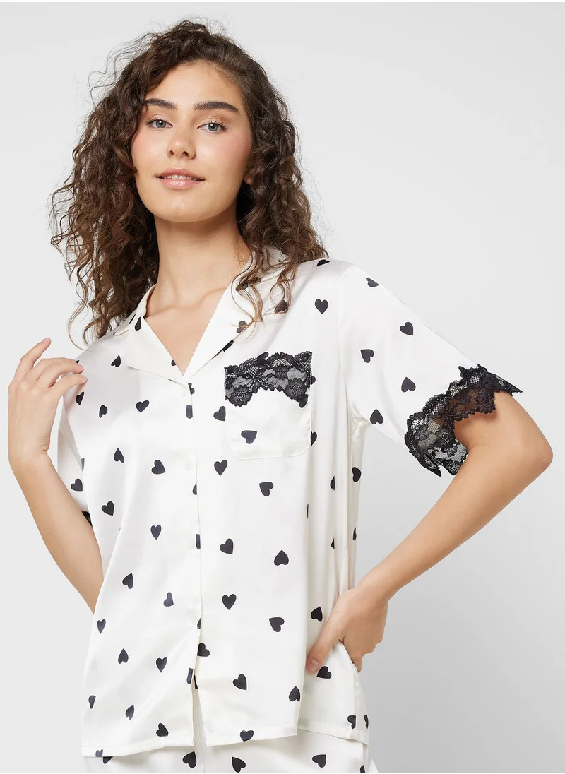 جينجر Heart Print Shirt & Pyjama Set