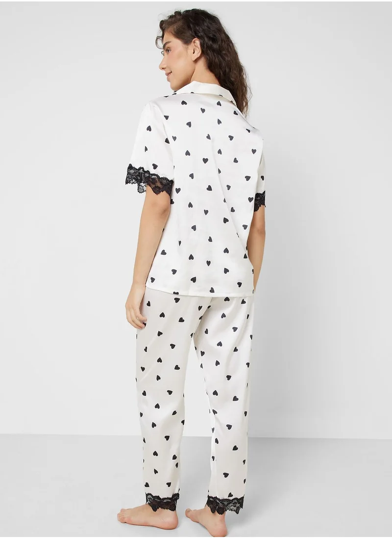 جينجر Heart Print Shirt & Pyjama Set