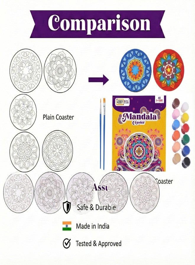 HOBBY INDIA Rangoli Mandala Art Kit for Adults and Kids | DIY Tea Coaster Set of 6 with Painting Kit | Unique Art and Craft Kit Gift | Perfect Coaster for Office Desk, Dining Table Kitchen Decoration - Image 3