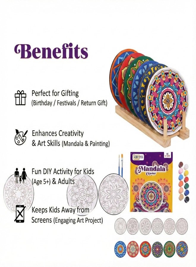 HOBBY INDIA Rangoli Mandala Art Kit for Adults and Kids | DIY Tea Coaster Set of 6 with Painting Kit | Unique Art and Craft Kit Gift | Perfect Coaster for Office Desk, Dining Table Kitchen Decoration - Image 4