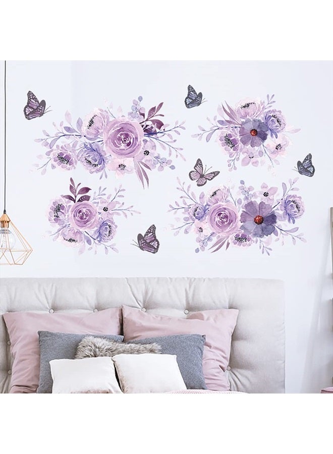 Runtoo Purple Flower Wall Decals Peony Floral Butterfly Wall Art Stickers for Girls Bedroom Bathroom Nursery Wall Decor - Image 3
