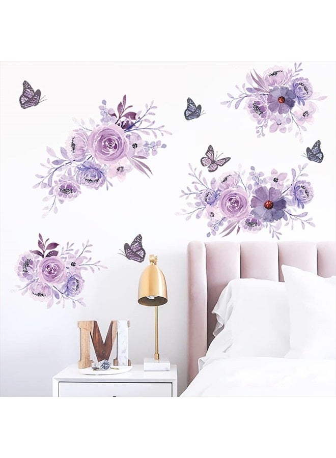 Runtoo Purple Flower Wall Decals Peony Floral Butterfly Wall Art Stickers for Girls Bedroom Bathroom Nursery Wall Decor - Image 1