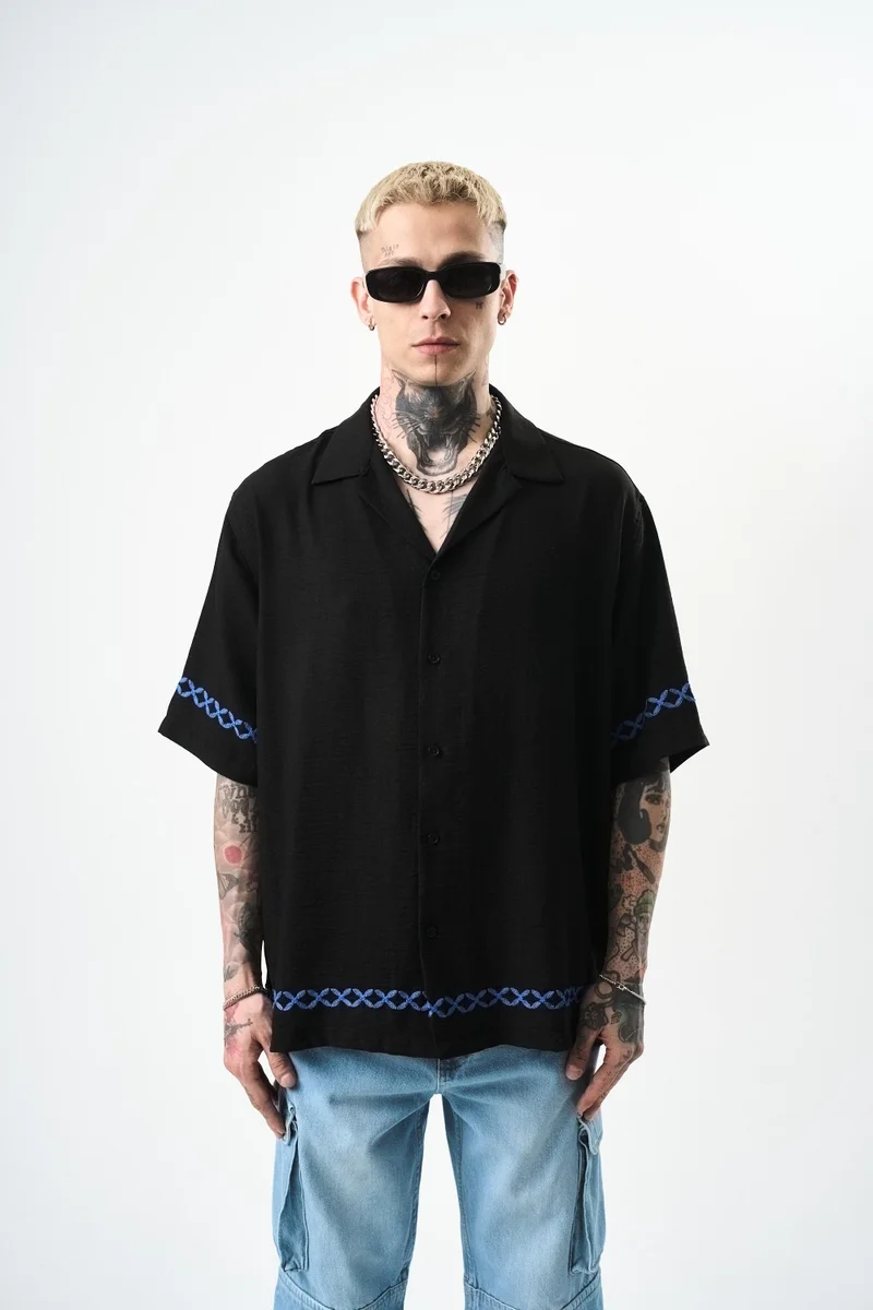 ريسباير قميص رجالي من الكتان مقاس كبير (Oversize) مطرز بجيب (Pocket)، أسود