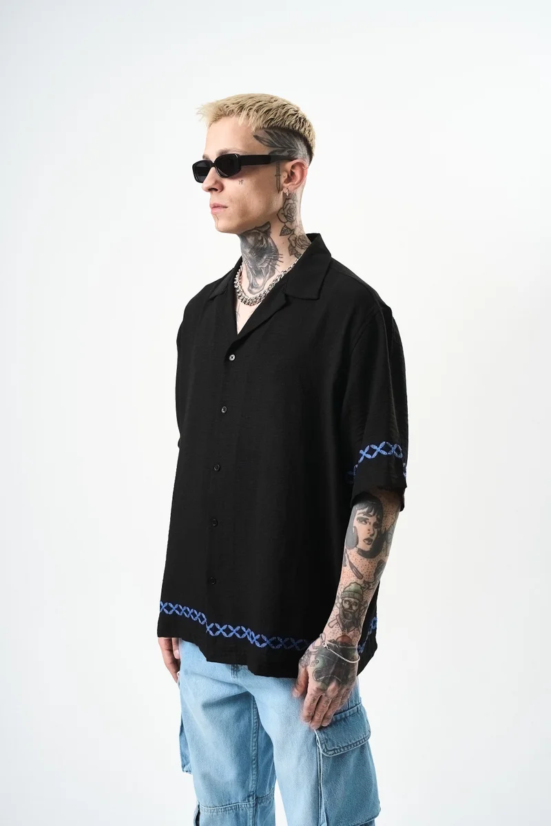 ريسباير قميص رجالي من الكتان مقاس كبير (Oversize) مطرز بجيب (Pocket)، أسود