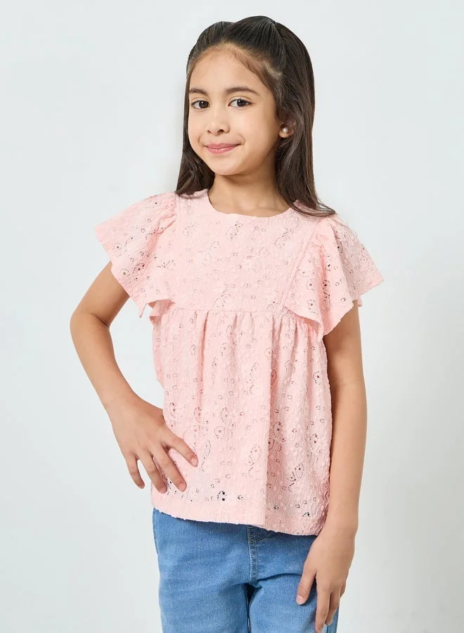 Styli Girls Pink Ruffle Sleeve Top
