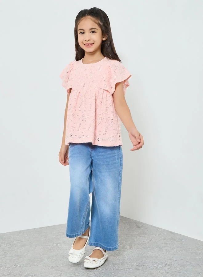 Styli Girls Pink Ruffle Sleeve Top