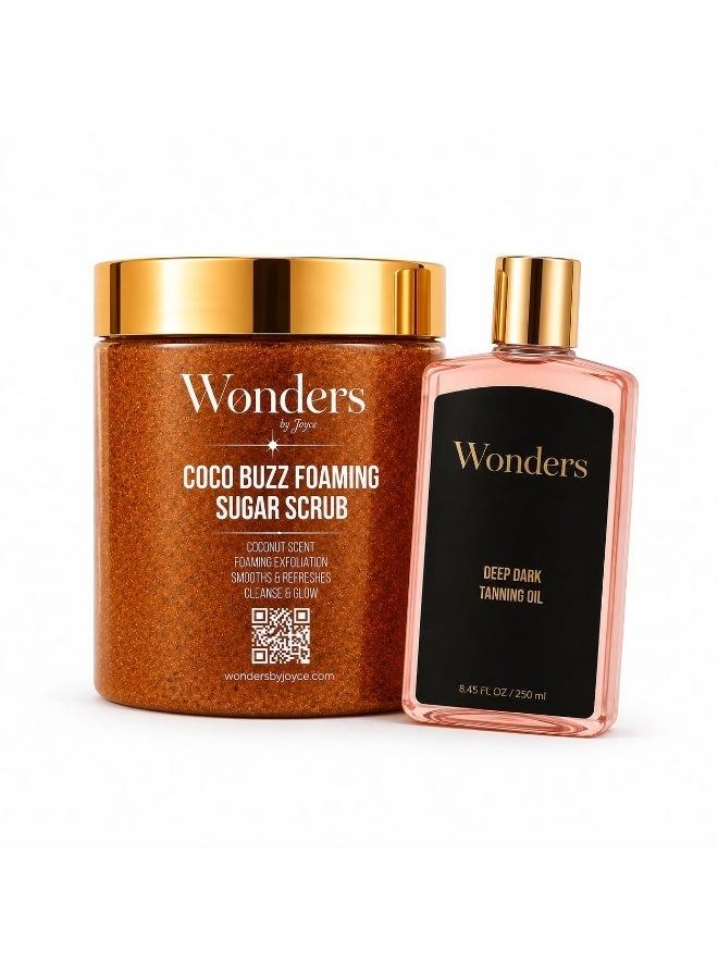 Wonders Coco Buzz Foaming Sugar Scrub 500ml (Coconut Exfoliating Body Polish) + Deep Dark Tanning Oil (Deep Bronze Sun Tan) | 2-Step Exfoliate & Tan Set - Image 1