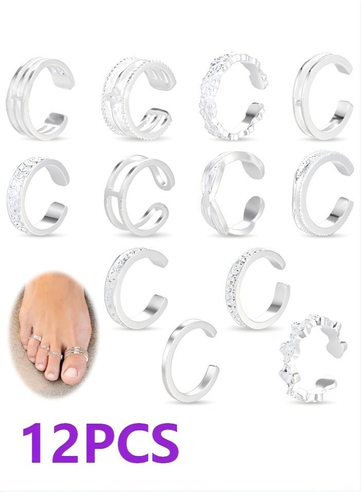 12PCS set of silver toe rings, adjustable women's summer toe ring set, simple style beach foot jewelry set - Image 1