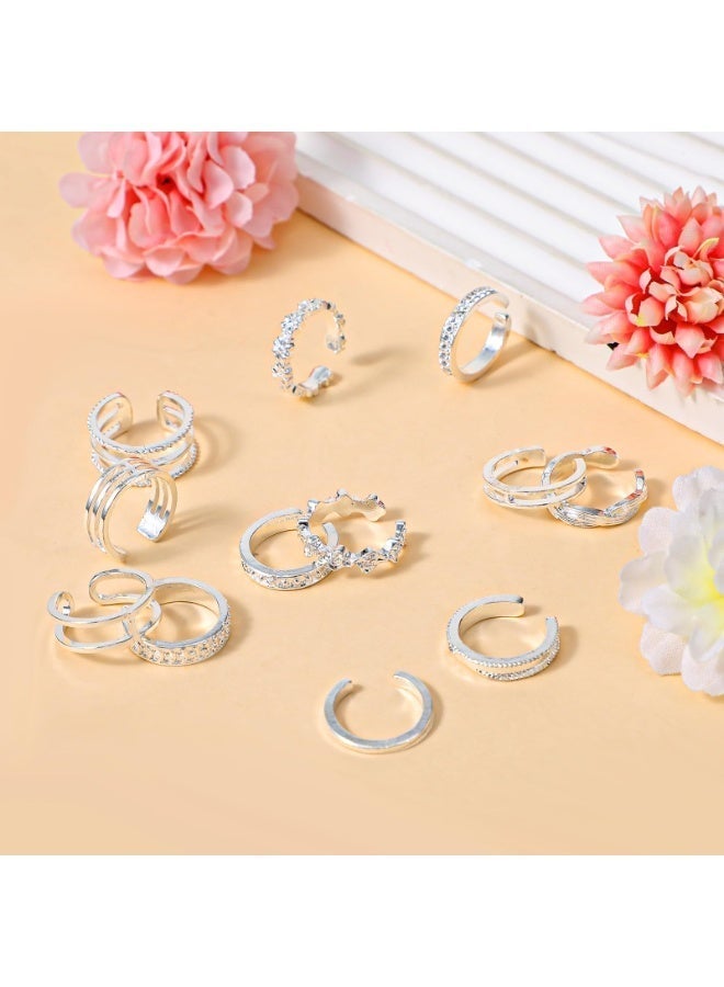 12PCS set of silver toe rings, adjustable women's summer toe ring set, simple style beach foot jewelry set - Image 4