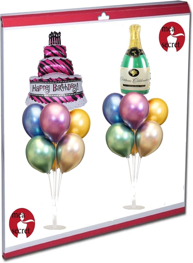 Secret Happy Birthday Cake and Champagne Bottle Foil Balloon Table Stand Kit - 2 Sets