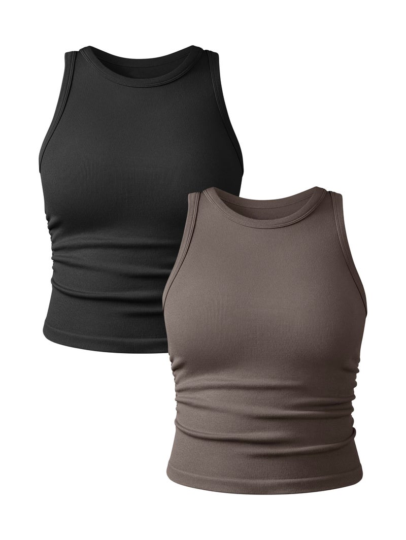 YIOIOIO Women's 2 Pieces Basic Seamless Tank Tops Sleeveless Crew Neck Workout Exercise Crop Camis - Image 1