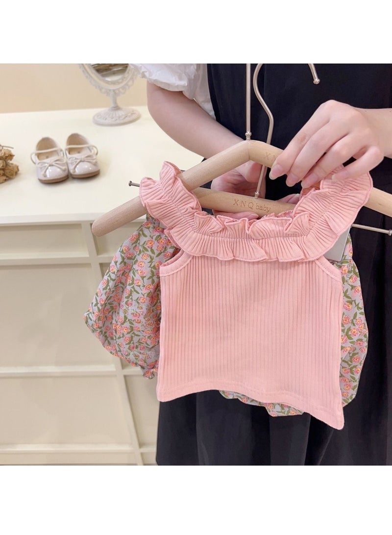 Baby Girls Ruffled Striped Top & Floral Print Skirt Set, Perfect for Summer Daily Wear, Playground, Streetwear, Suitable for Height 80-90cm  - Image 1