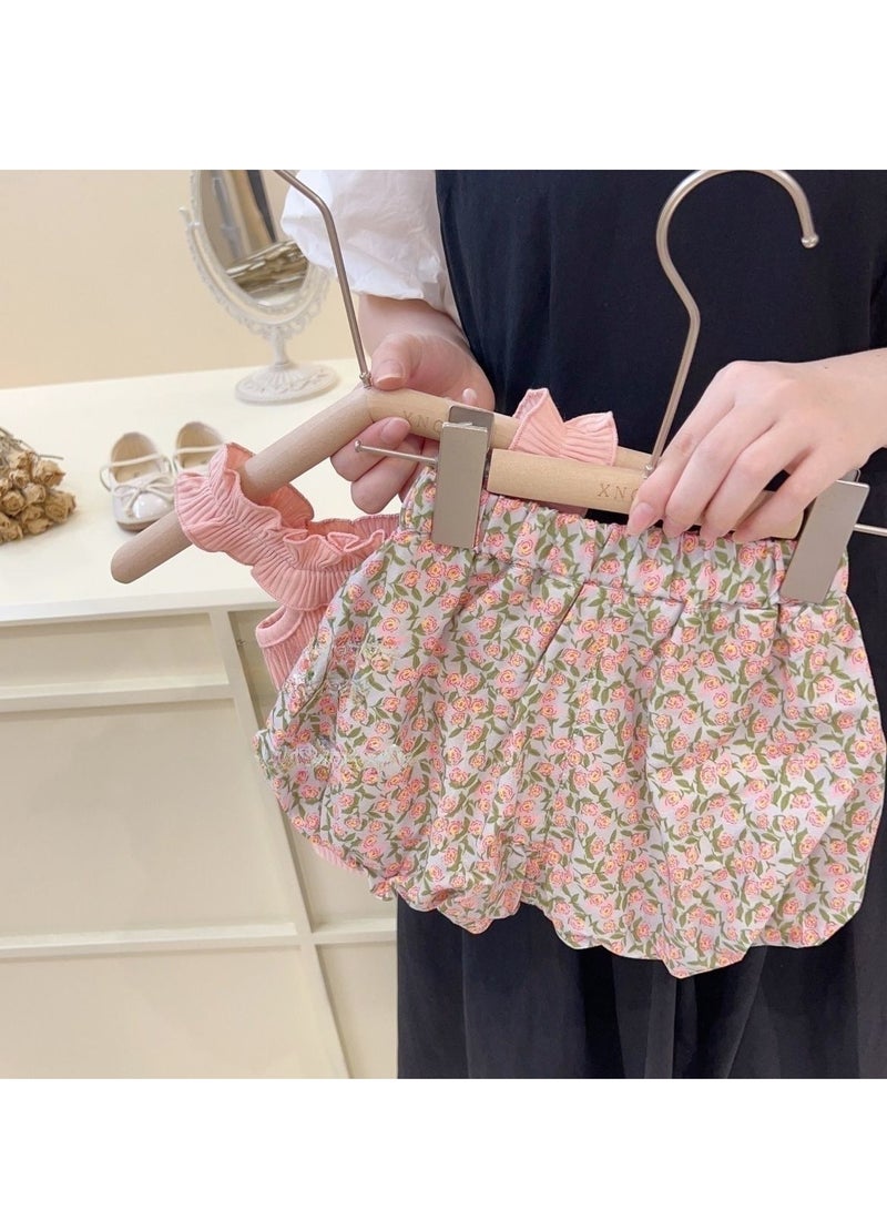 Baby Girls Ruffled Striped Top & Floral Print Skirt Set, Perfect for Summer Daily Wear, Playground, Streetwear, Suitable for Height 80-90cm  - Image 2