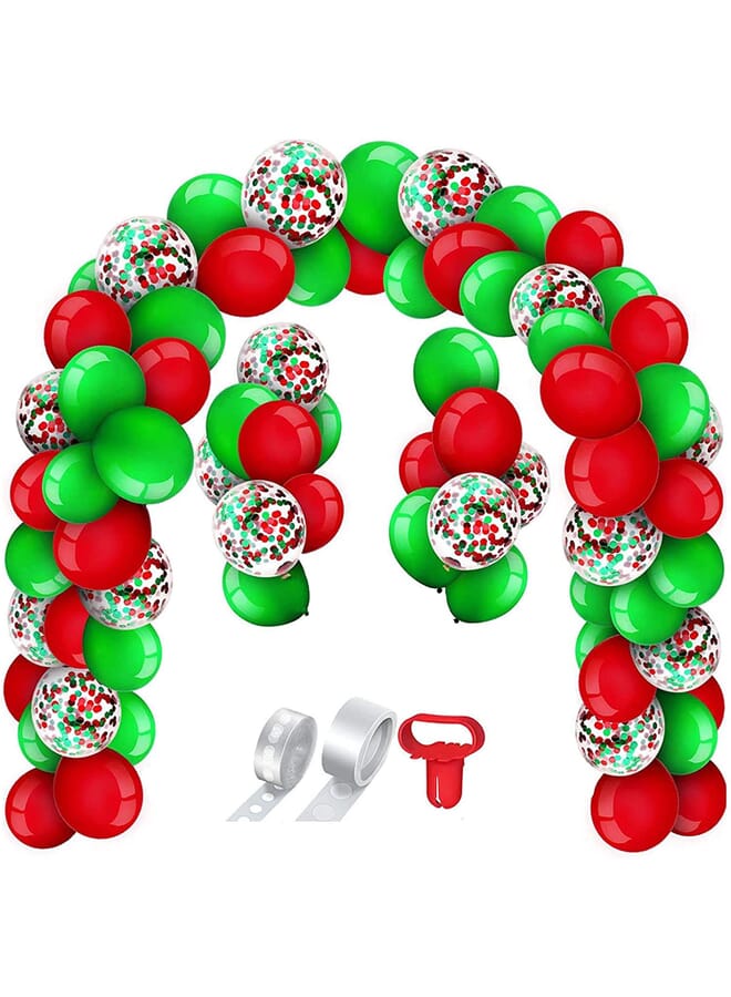 Party Time 173 Pcs Merry Christmas Balloon Decorations 5 & 12 Inch Latex Balloons | Red And Green Confetti Balloons 12 Inch | Tying Tool Glue Dots And Decorating Strip Sets - Image 1