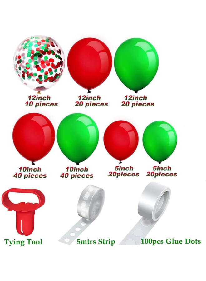 Party Time 173 Pcs Merry Christmas Balloon Decorations 5 & 12 Inch Latex Balloons | Red And Green Confetti Balloons 12 Inch | Tying Tool Glue Dots And Decorating Strip Sets - Image 2