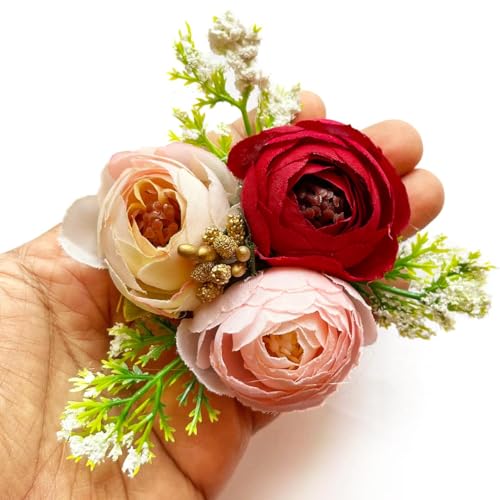 ADIKALA Set of 6 Handmade Artificial Peonies Flower Bunch for Hamper, Flower Brooch Hamper for Decoration, Gifting, Trousseau Packing | Flower Bunch (Maroon) - Image 1