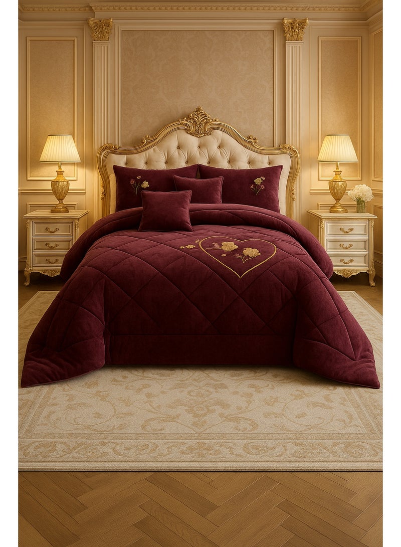مون مفرش سرير شتوي فاخر نفرين وجهين – لحاف مخمل مطرز من جهة ووجه فرو دافئ  – طقم مفارش 6 قطع ( 1 لحاف + 1 شرشف مطاطي + 2 أغطية وسائد + 2 أغطية مخدات زخرفية ) – يناسب سرير مقاس 200×200 سم - Image 5