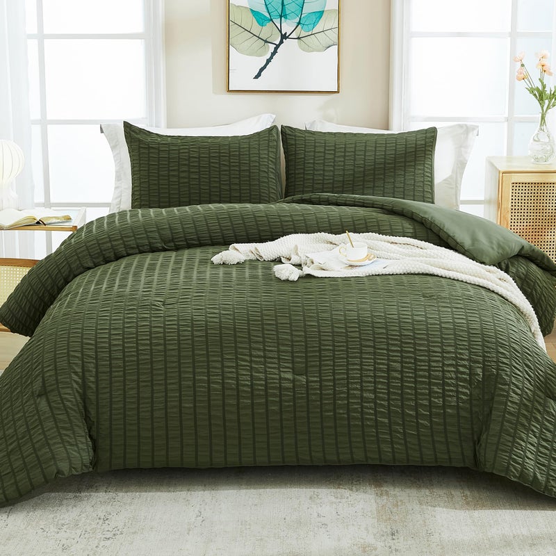 AveLom Seersucker Comforter Set  Dark Olive Green California King 104x96 3 Pieces
