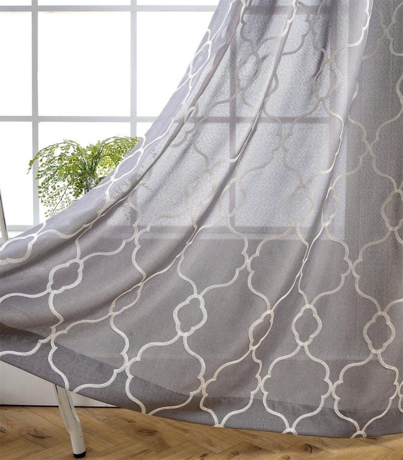 MIUCO Moroccan Embroidered Semi Sheer Curtains Linen Look Grommet Curtains for Living Room 52 x 84 Inch Set of 2 Grey