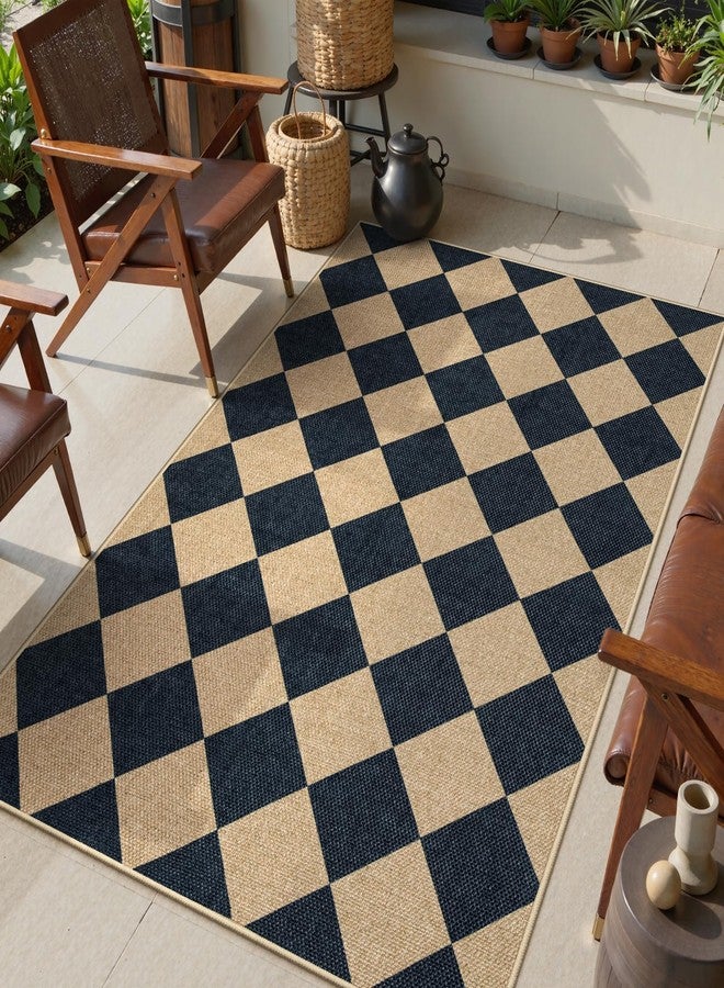 Lanffia Checkered Easy Jute Entryway Rug, Black 3x5 Rugs for Living Room, Diamond Washable Indoor Outdoor Carpet, Neutral Non Slip Stain Resistant Front Door Carpet for Porch Patio Balcony - Image 1