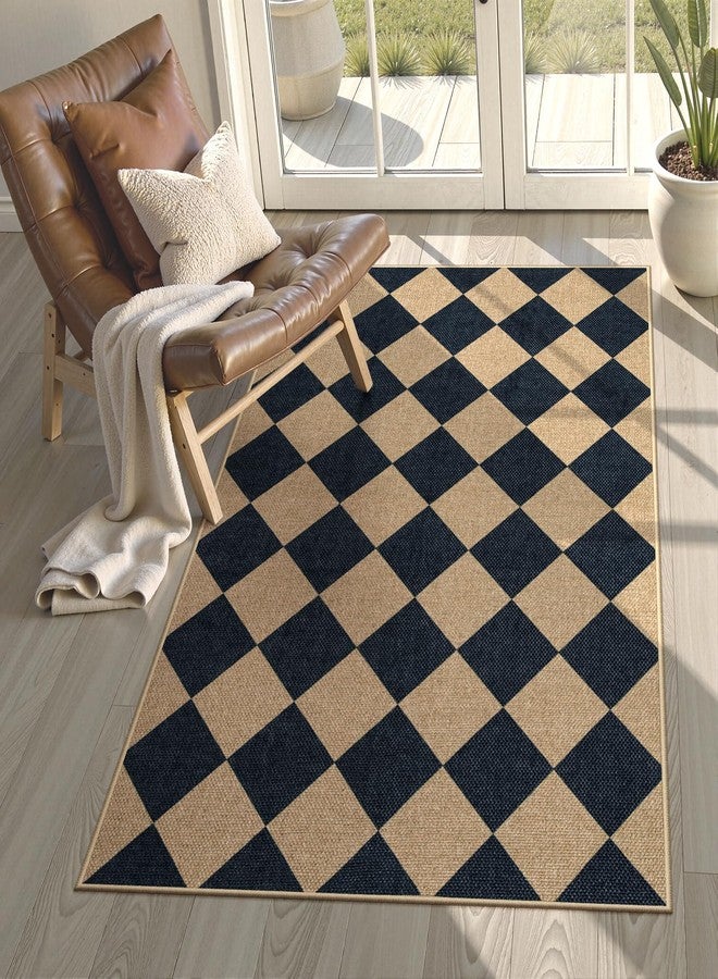 Lanffia Checkered Easy Jute Entryway Rug, Black 3x5 Rugs for Living Room, Diamond Washable Indoor Outdoor Carpet, Neutral Non Slip Stain Resistant Front Door Carpet for Porch Patio Balcony - Image 5