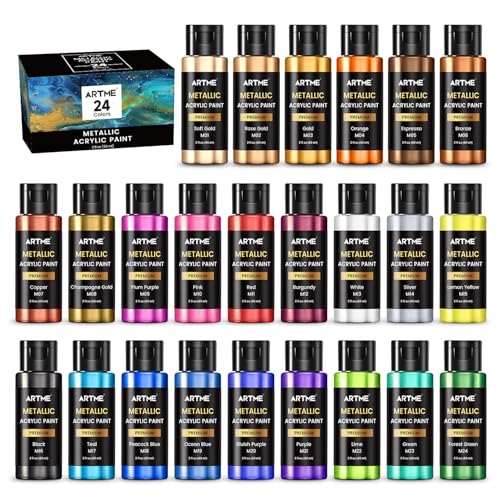 ARTME Metallic Acrylic Paint Set, 24 Metallic Colors in 2 oz/60ml Bottles, Metallic Shining Acrylic Paint, Rich Pigments Paint Perfect for Artists, Beginners on Canvas, Rocks, Wood, Fabric, Ceramic - Image 1