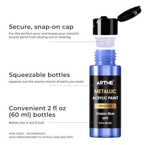 ARTME Metallic Acrylic Paint Set, 24 Metallic Colors in 2 oz/60ml Bottles, Metallic Shining Acrylic Paint, Rich Pigments Paint Perfect for Artists, Beginners on Canvas, Rocks, Wood, Fabric, Ceramic - Image 3