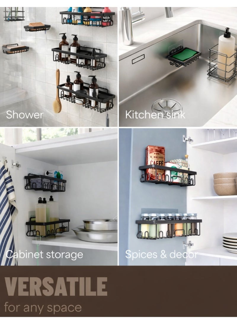 F.A.M.S Wall Mounted Bathroom Shelf Organizer Set – Adhesive Shower Caddy Rack with Hooks, No Drilling Storage for Kitchen, Shower & Cabinet – Heavy Duty Metal, Rustproof - Image 2