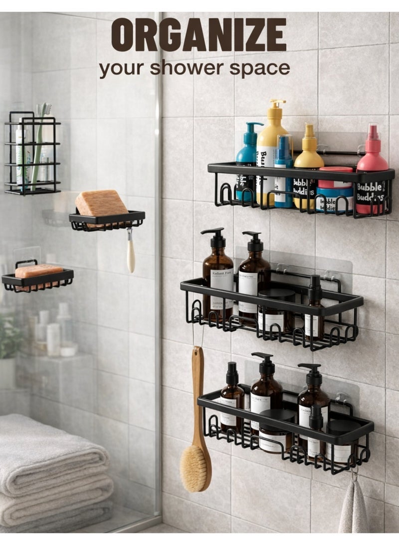 F.A.M.S Wall Mounted Bathroom Shelf Organizer Set – Adhesive Shower Caddy Rack with Hooks, No Drilling Storage for Kitchen, Shower & Cabinet – Heavy Duty Metal, Rustproof - Image 4