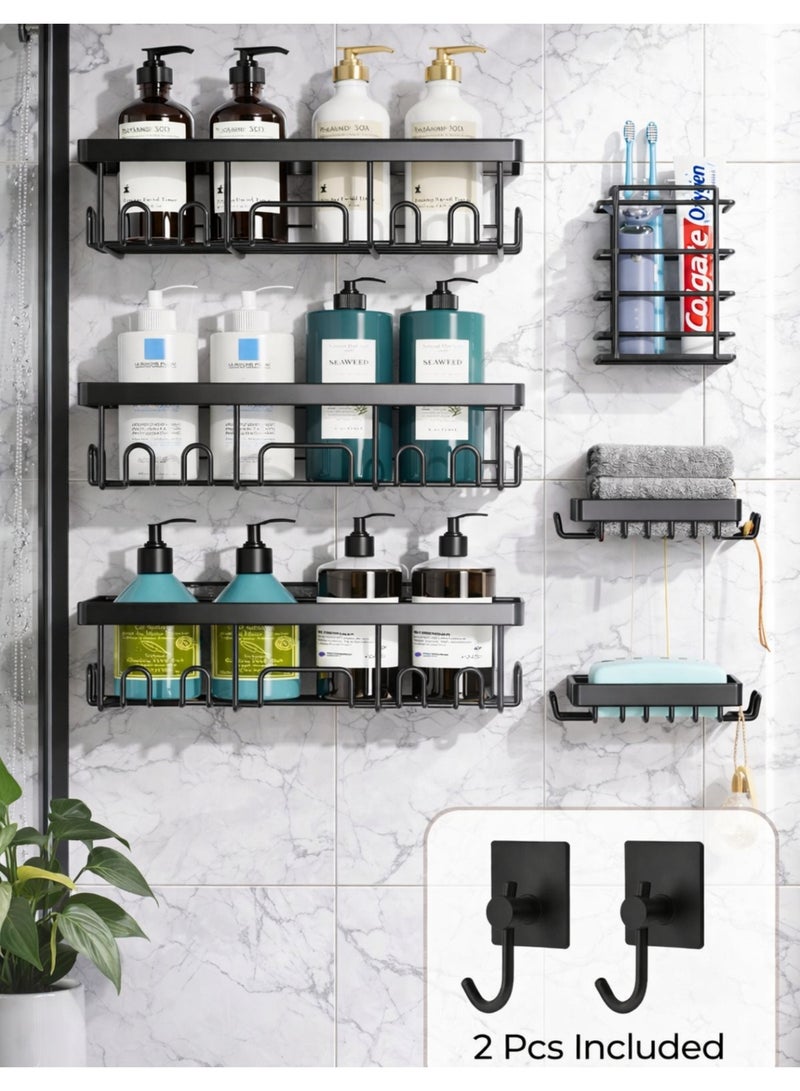 F.A.M.S Wall Mounted Bathroom Shelf Organizer Set – Adhesive Shower Caddy Rack with Hooks, No Drilling Storage for Kitchen, Shower & Cabinet – Heavy Duty Metal, Rustproof - Image 1