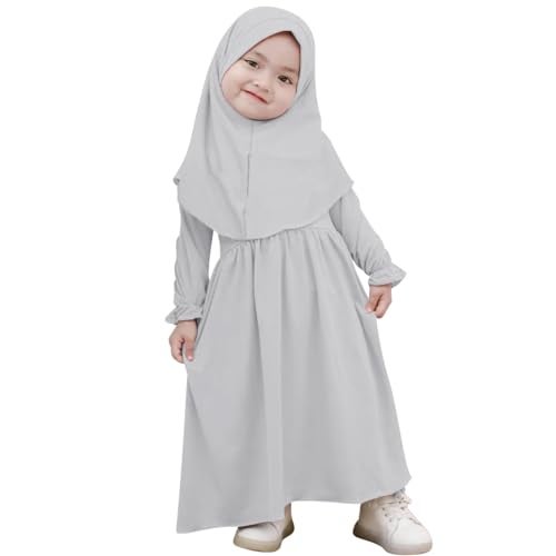 ODASDO Newborn Infant Baby Girls Muslim Abaya Prayer Dress, Toddler Kids Long Sleeve Maxi Islamic Kaftan Dress with Hijab Two Piece Set Middle East Arabian Dubai Robe Ramadan Eid Party Clothes Gray 0-6M - Image 1