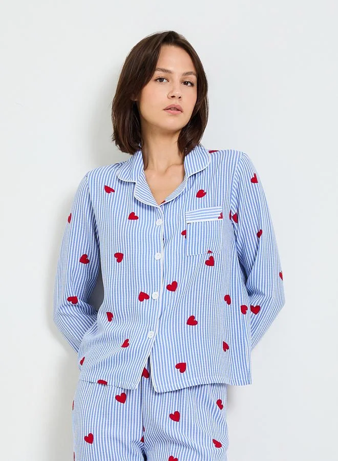 Take Two  Blue Striped Heart Print Long Sleeve Pajama Set for Women | Best Price UAE
