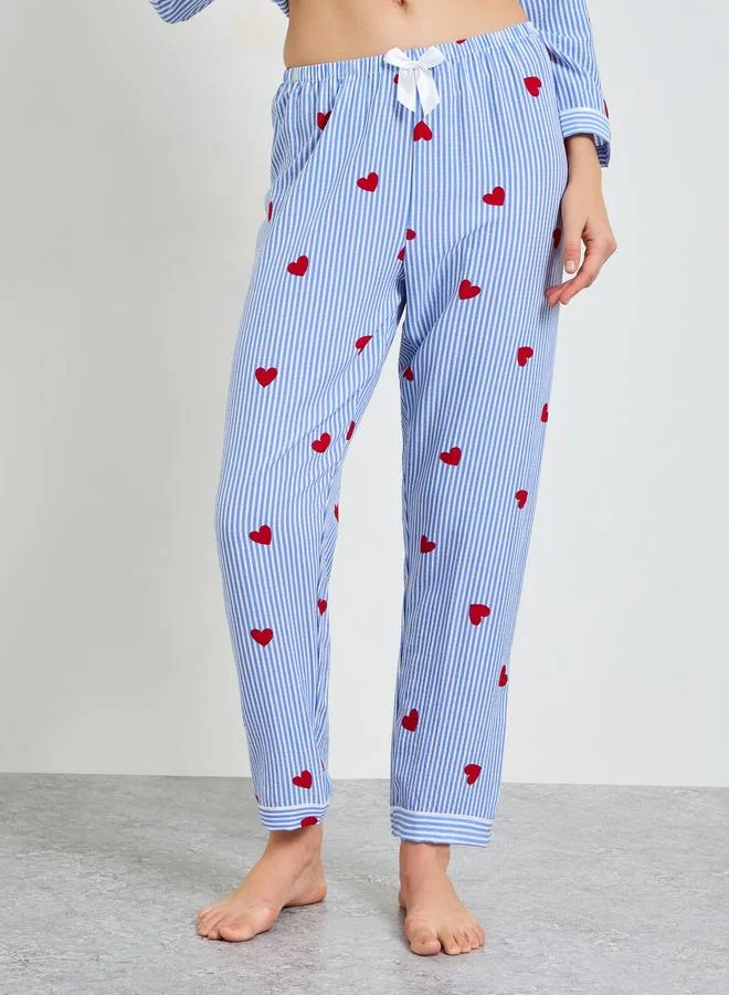 Take Two  Blue Striped Heart Print Long Sleeve Pajama Set for Women | Best Price UAE