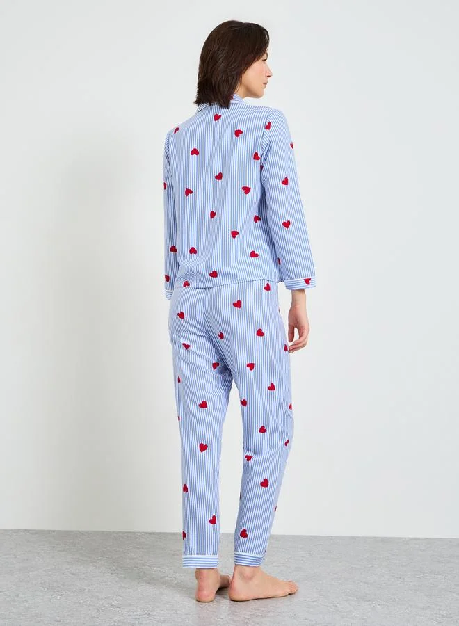 Take Two  Blue Striped Heart Print Long Sleeve Pajama Set for Women | Best Price UAE