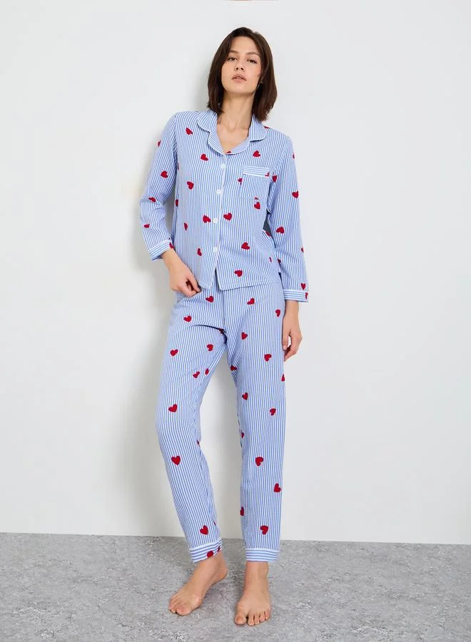Take Two  Blue Striped Heart Print Long Sleeve Pajama Set for Women | Best Price UAE