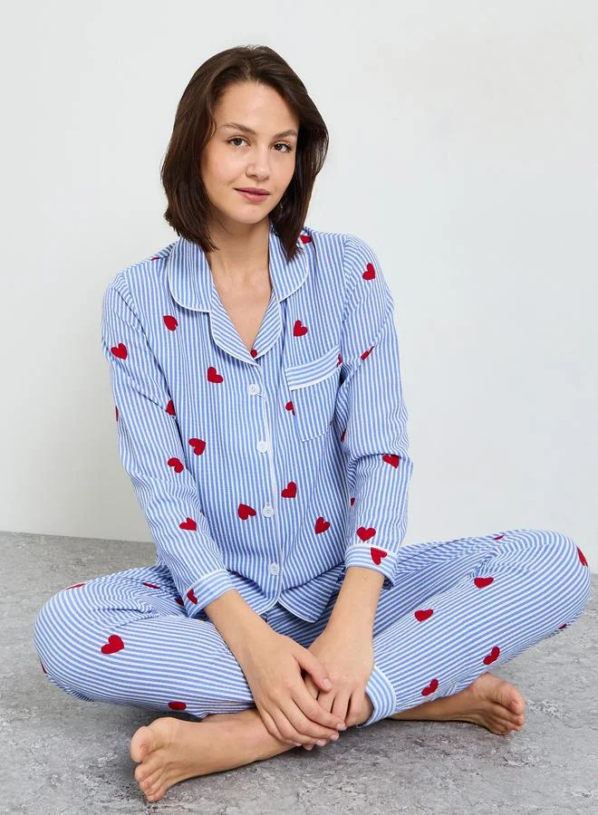 Blue Striped Heart Print Long Sleeve Pajama Set