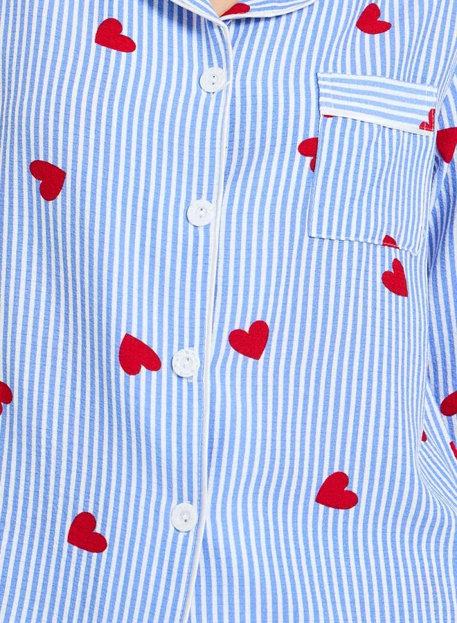 Take Two  Blue Striped Heart Print Long Sleeve Pajama Set for Women | Best Price UAE