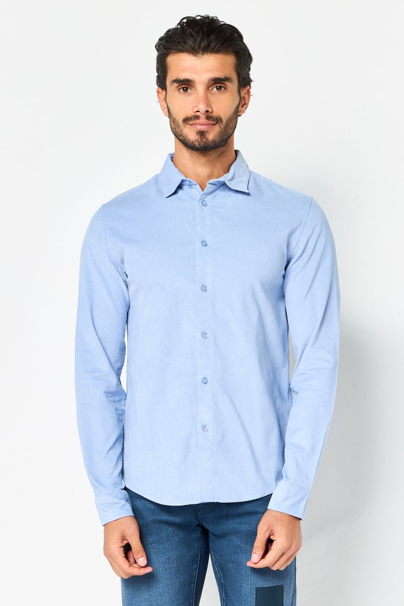 Celio Men Regular Fit Corduroy Long Sleeve Casual Shirt, Light Blue - Image 1