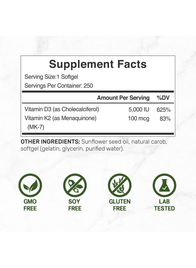 ملحق الصفقة مكمل غذائي DEAL SUPPLEMENT، عبوتان من كبسولات فيتامين د3 ك2 الهلامية، 250 كبسولة، مركب 2-1، فيتامين د3 5000 وحدة دولية وفيتامين ك2 MK7، يعزز صحة القلب والعظام والأسنان - سهل البلع للغاية - Image 2